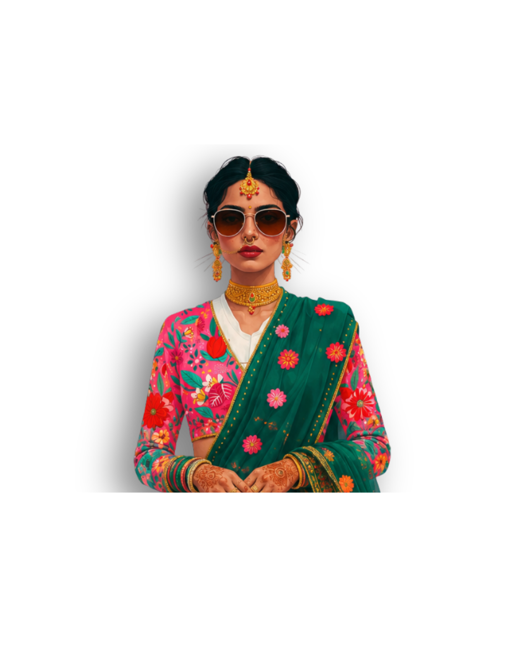 Model wearing an emerald floral sari with gold jewellery